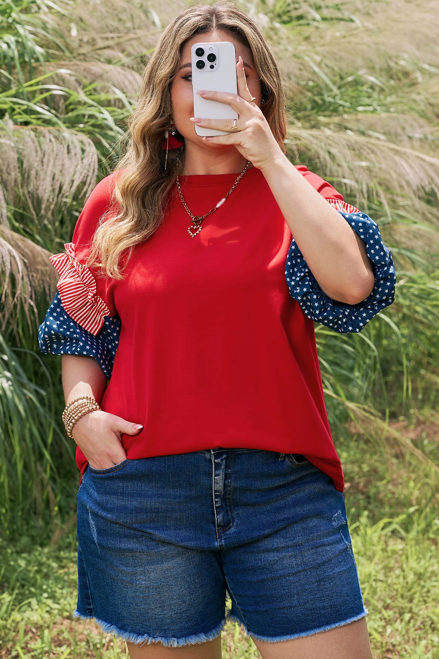 Fiery Red Stars Stripes Short Puff Sleeve Top