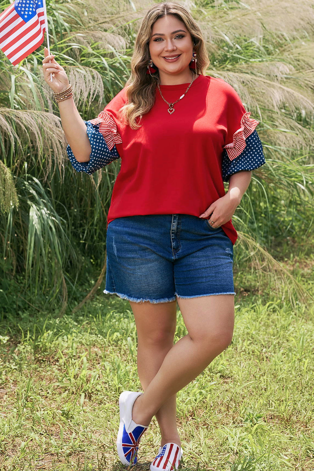 Fiery Red Stars Stripes Short Puff Sleeve Top