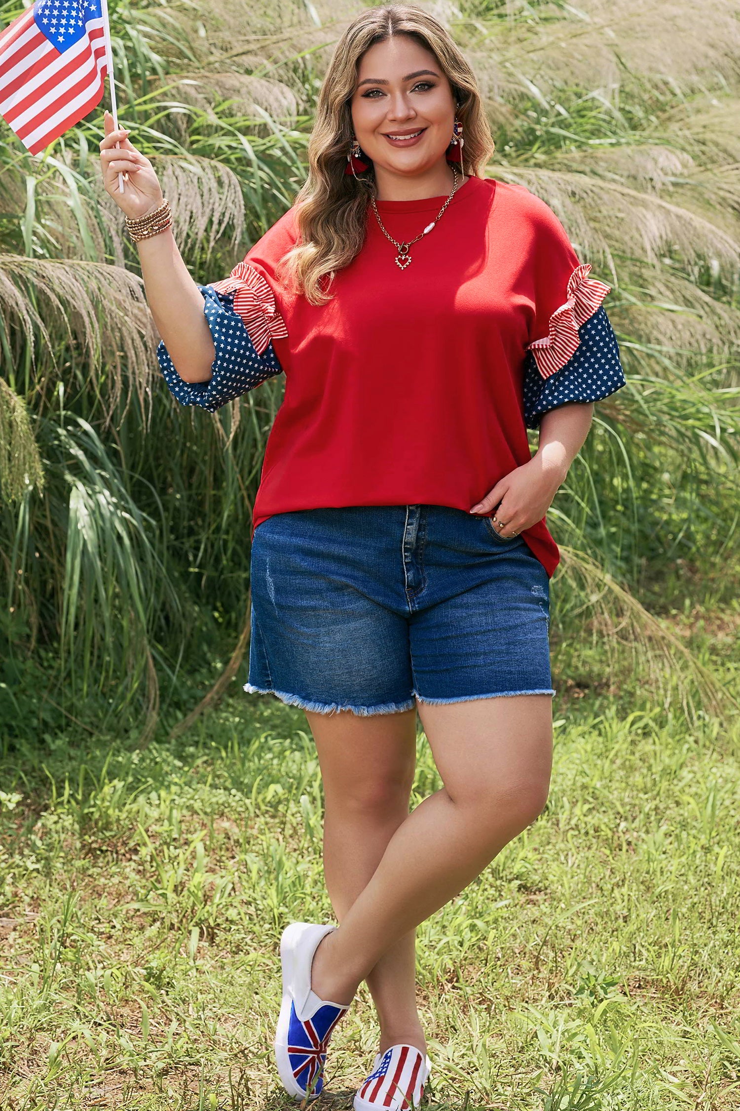 Fiery Red Stars Stripes Short Puff Sleeve Top