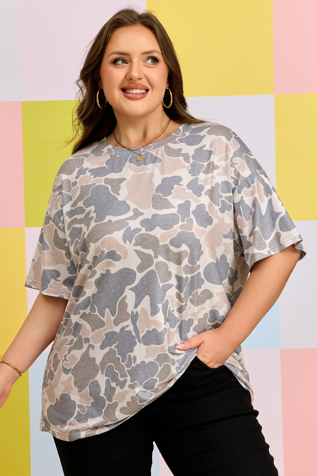 Multicolour Retro Camouflage Print Womens Casual T Shirt