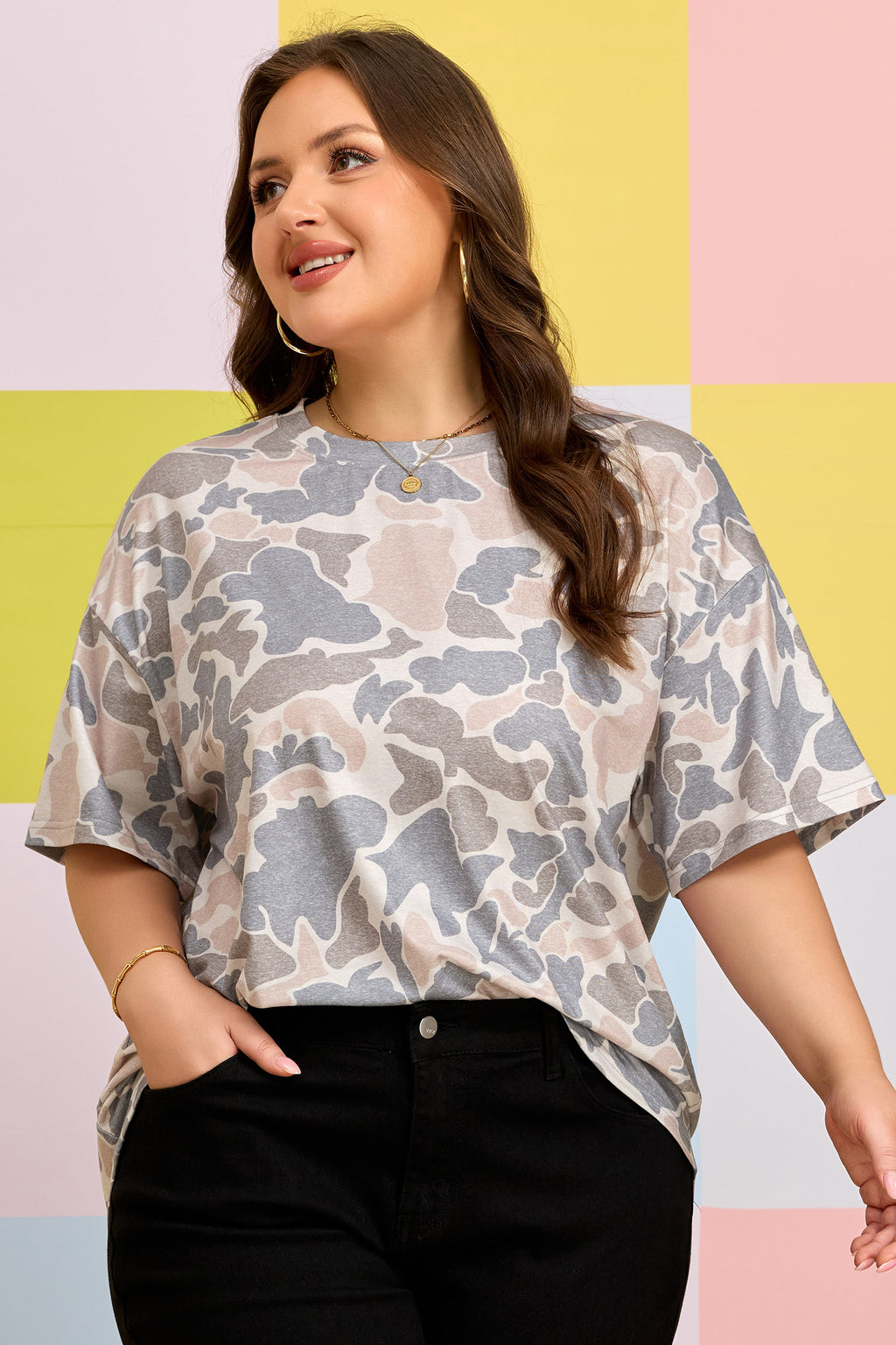 Multicolour Retro Camouflage Print Womens Casual T Shirt