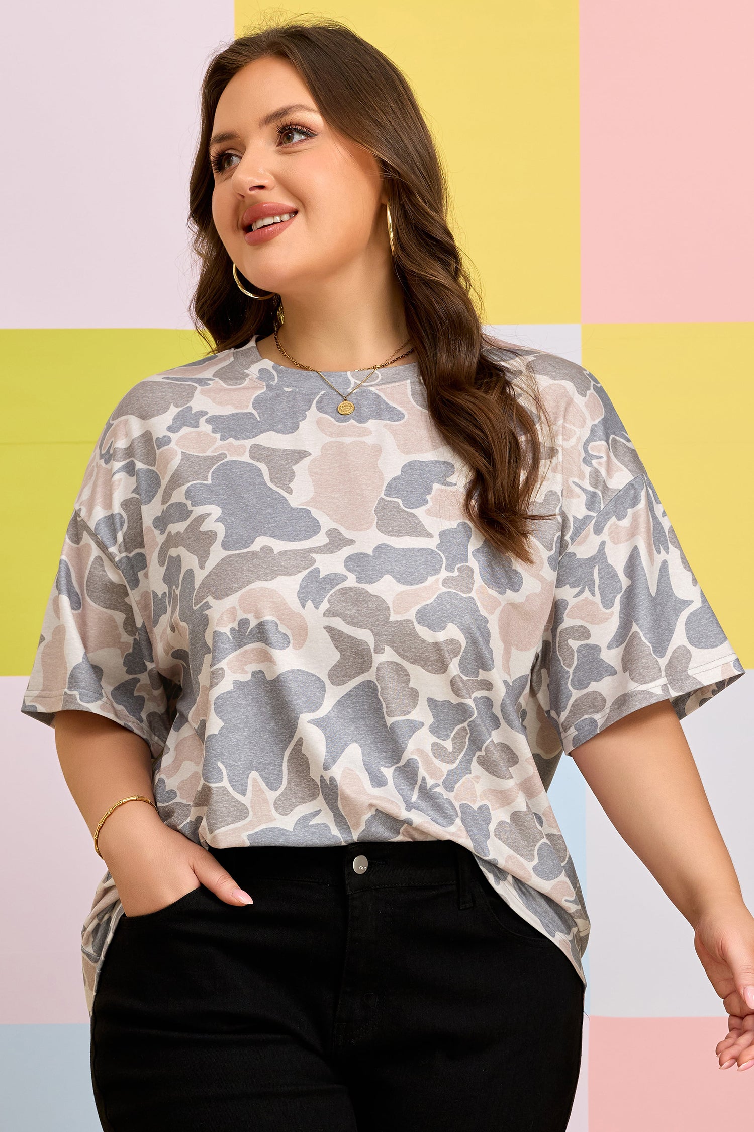 Multicolour Retro Camouflage Print Womens Casual T Shirt