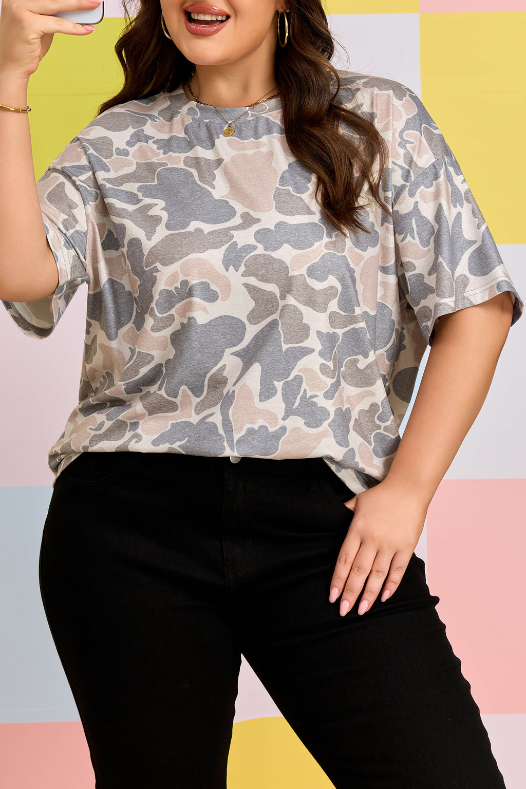 Multicolour Retro Camouflage Print Womens Casual T Shirt