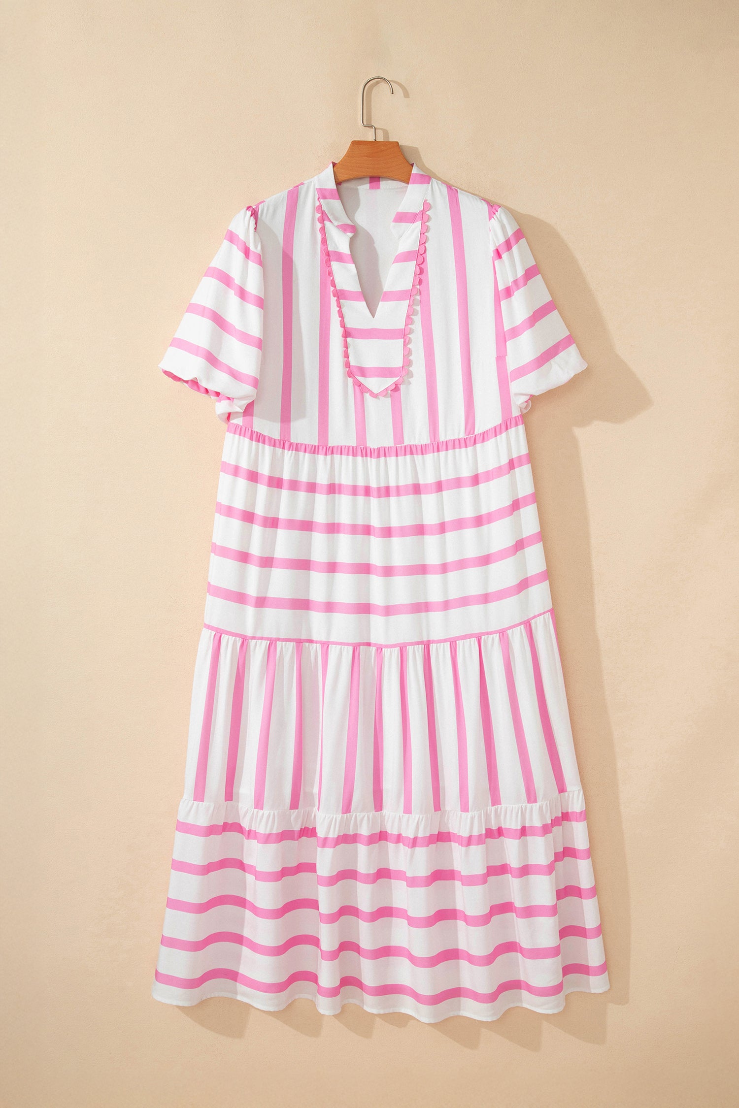 Stripe Ricrac Trim Notched Neck Half Sleeve Vacation Dress