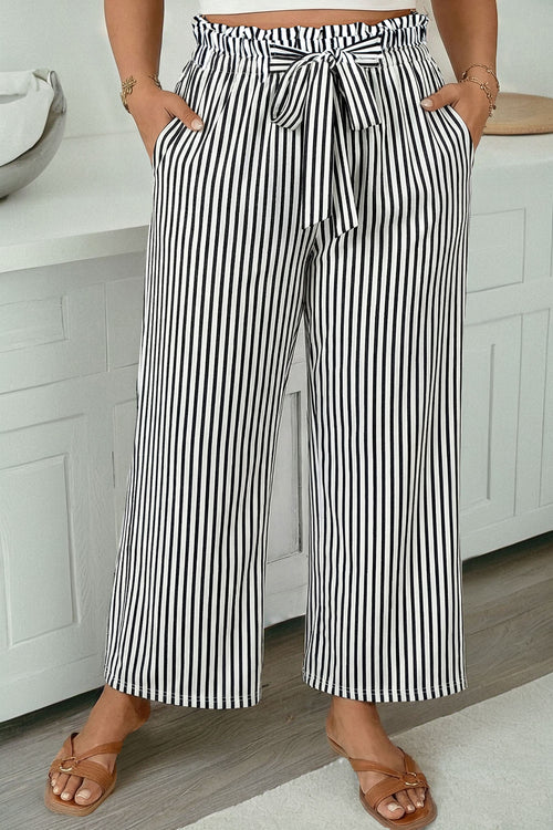 Black Stripe Tied High Waist Loose Straight Casual Pants
