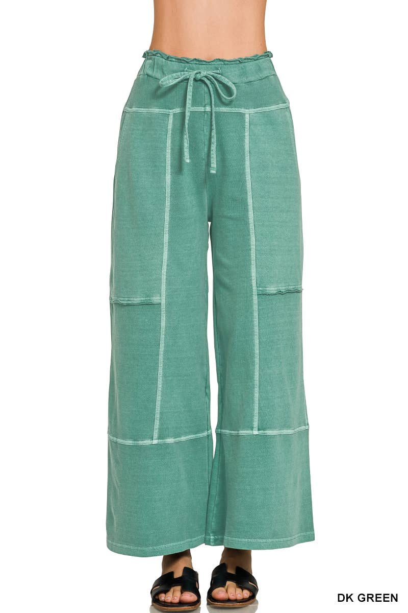French Terry Washed Wide Leg Pants w/ Pockets - Zenana