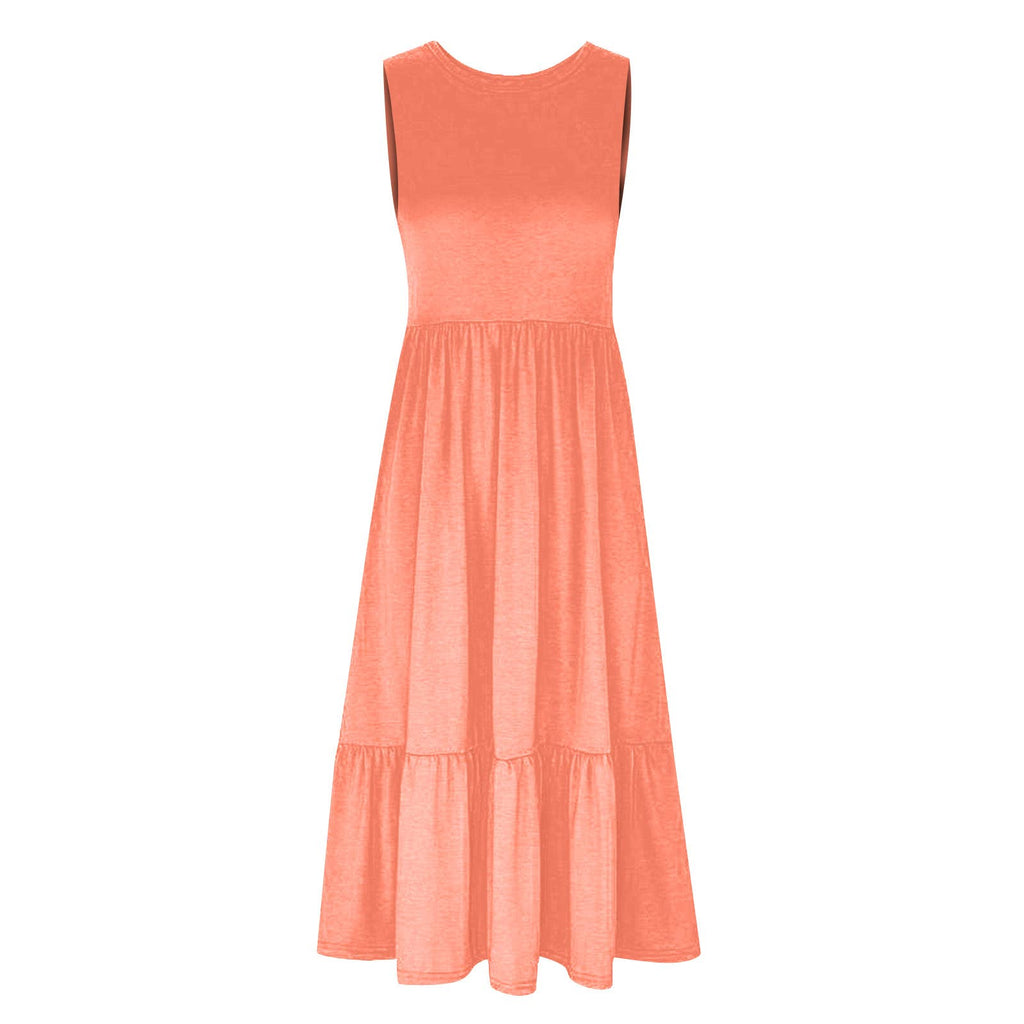 Ladies Sleeveles Pockets Simple Midi Dress 9123