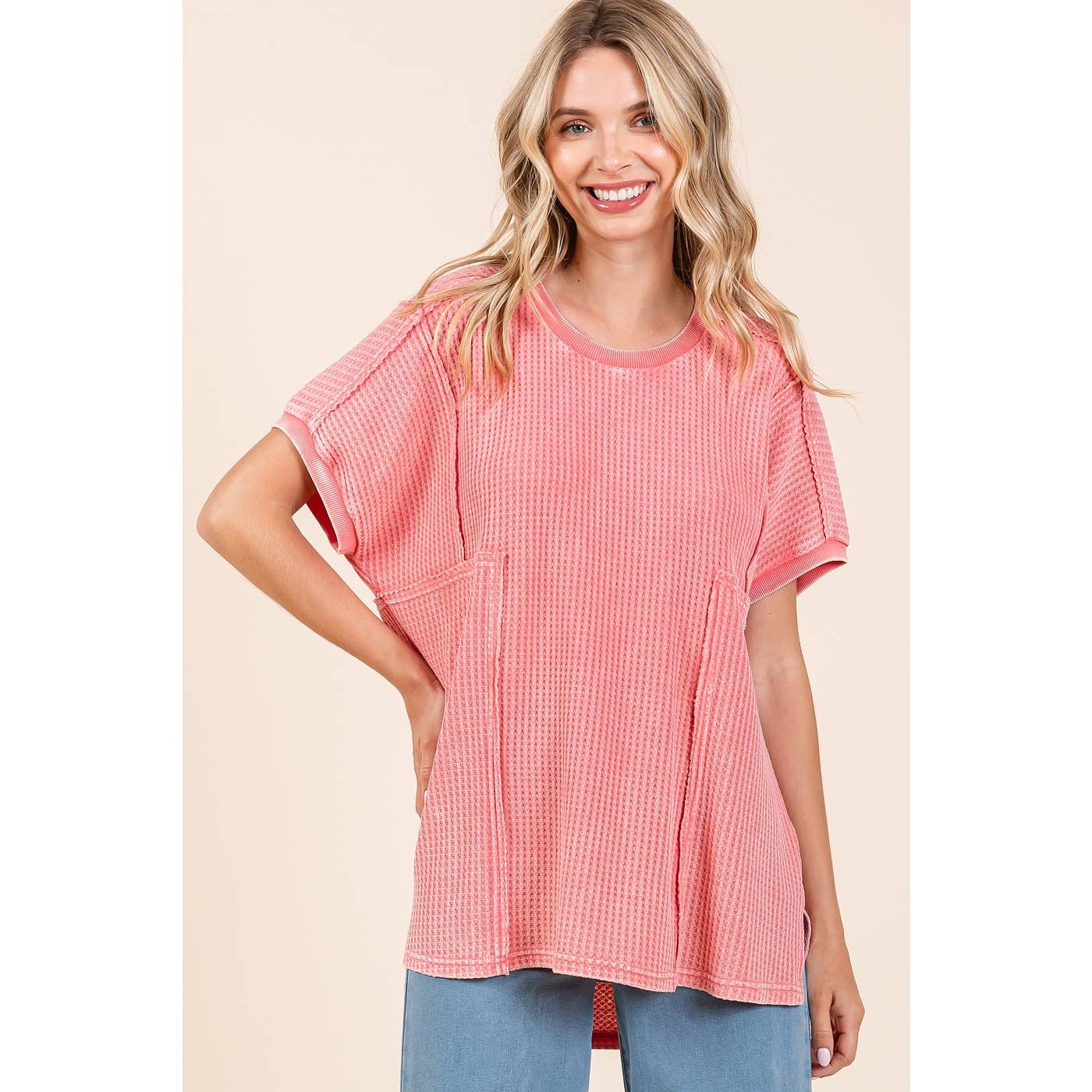 MINERAL WASH WAFFLE KNIT SEAM DETAIL TUNIC TOP