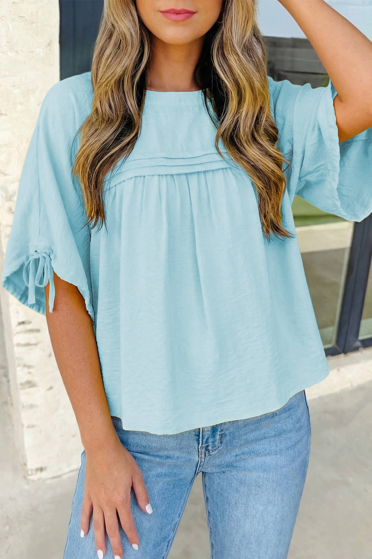 Tie Half Sleeve Pleated Detail Babydoll Blouse | S-XL