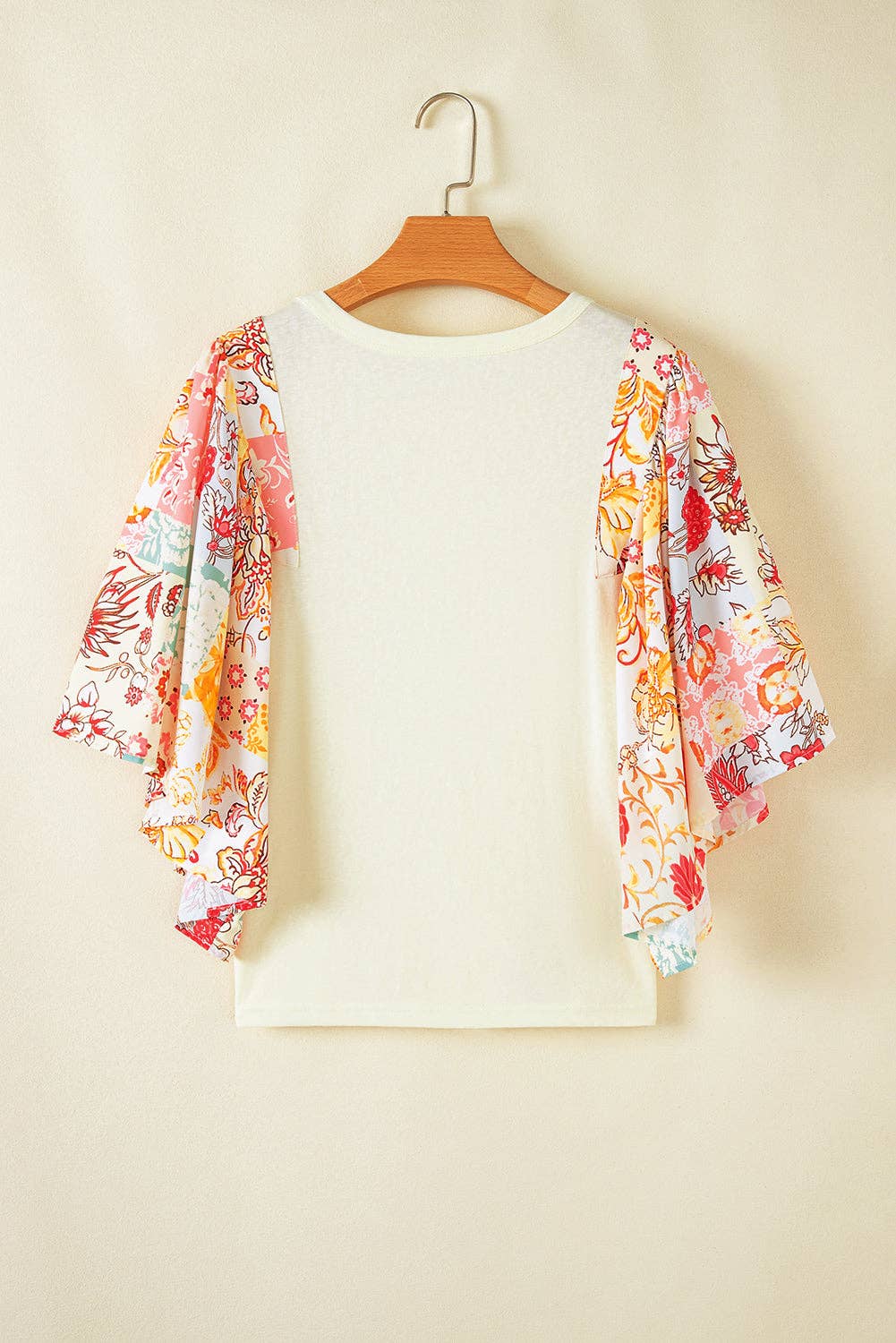 Beige Floral Patchwork Batwing Sleeve Round Neck Blouse