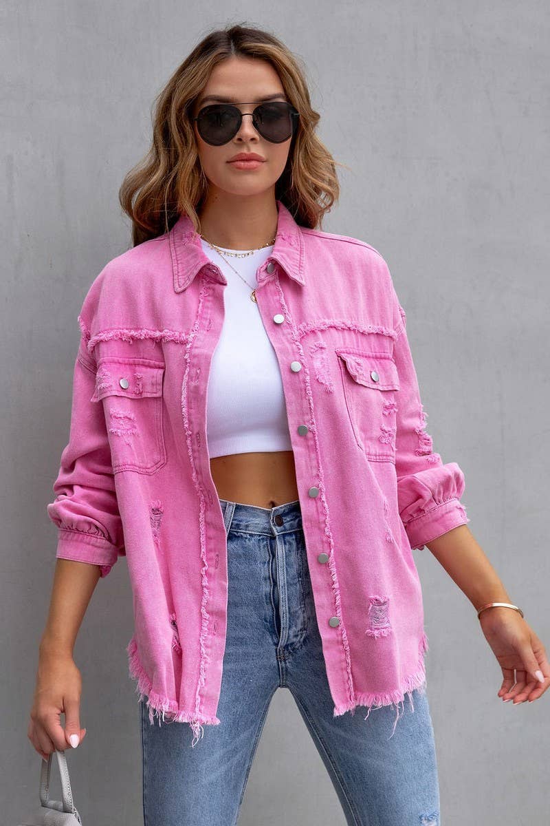 Old solid color denim coat with lapel and ripped raw edge