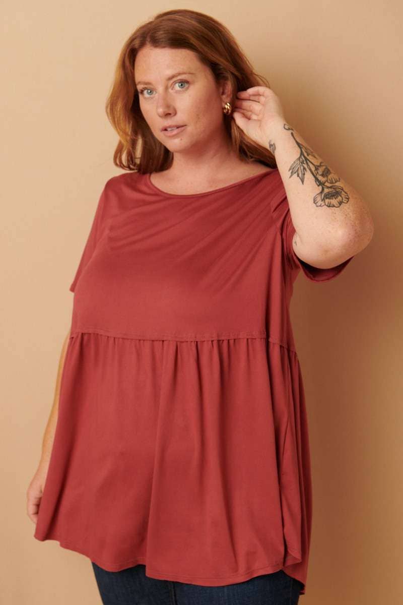 CT9069PL-PLUS DTY ROUND NECK BABYDOLL KNIT TOP
