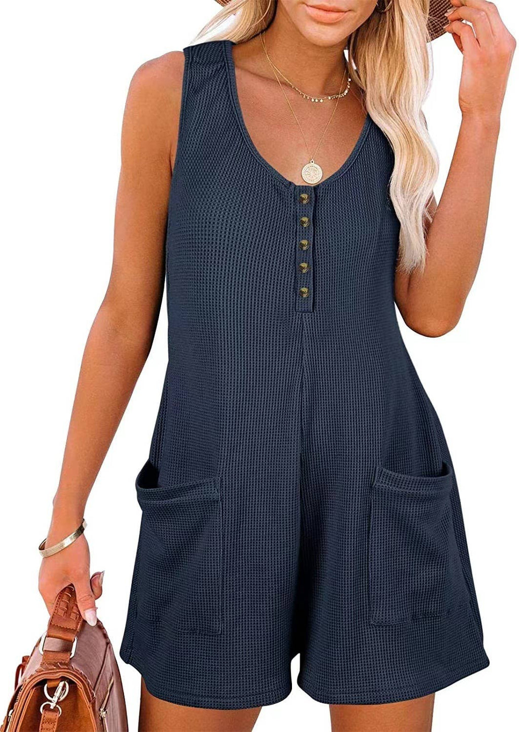 Henley waffle romper pocket short jumpsuit