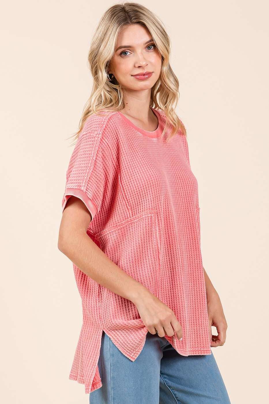 MINERAL WASH WAFFLE KNIT SEAM DETAIL TUNIC TOP