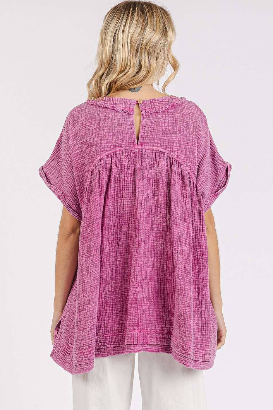 MINERAL WASH GAUZE BABYDOLL V-NECK OVERSIZED TOP