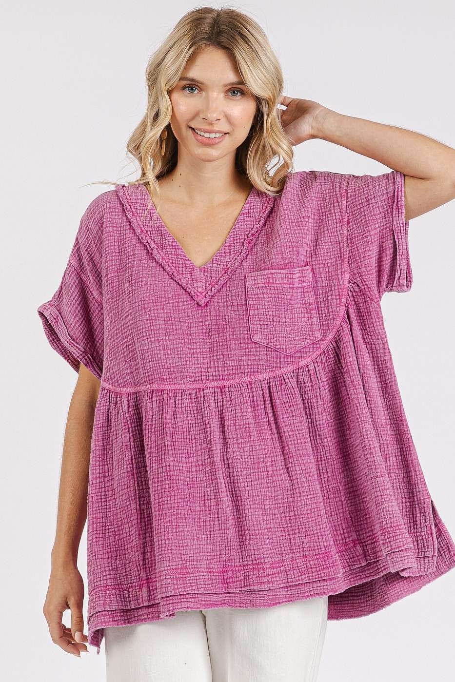 MINERAL WASH GAUZE BABYDOLL V-NECK OVERSIZED TOP