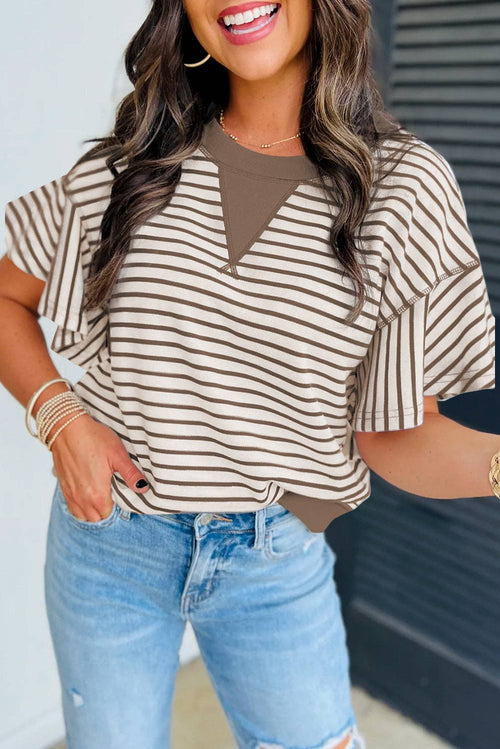 Bright Green Contrast Detail Striped Ruffle Short Sleeve Top