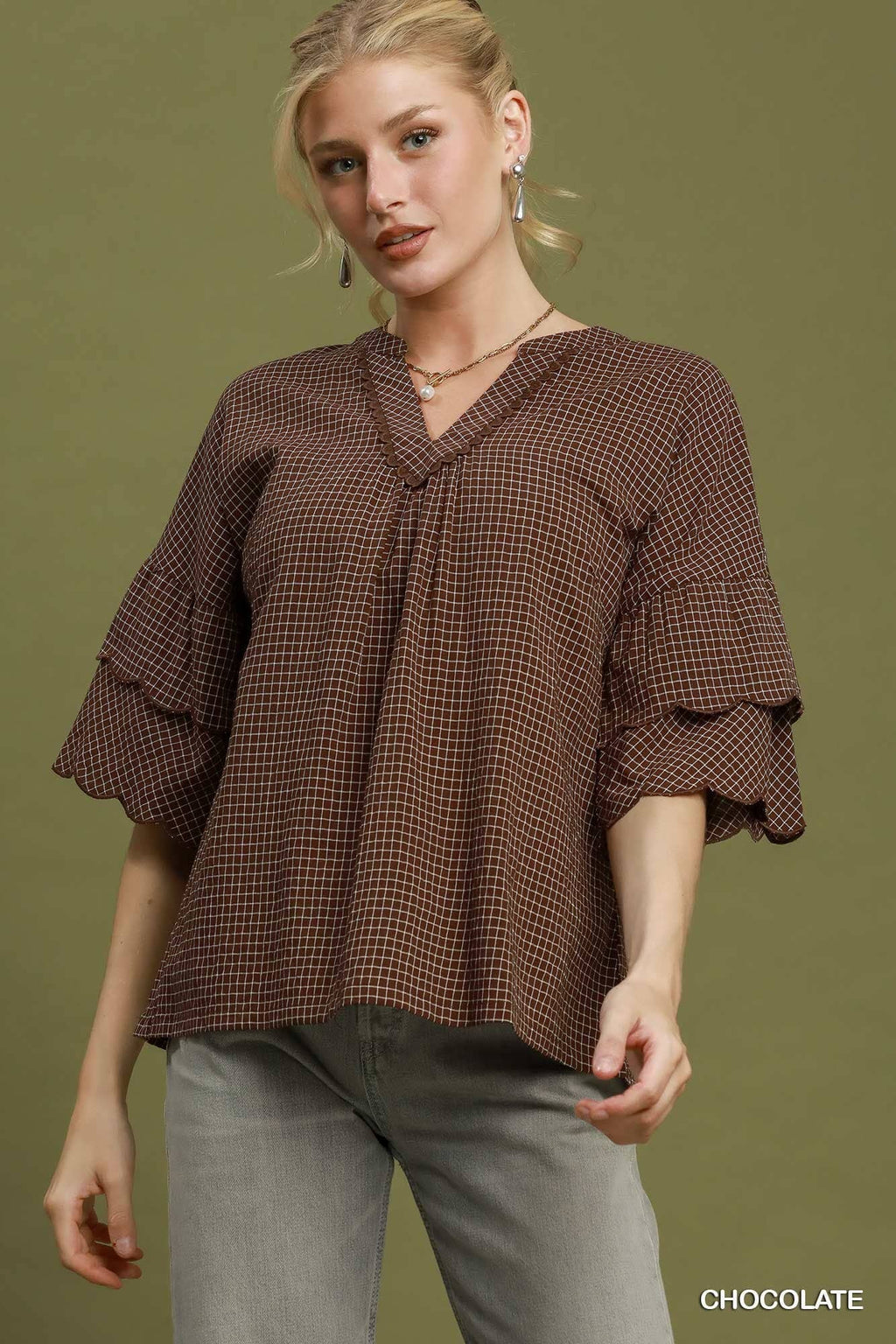Checkered Tiered Ruffle Sleeve Blouse