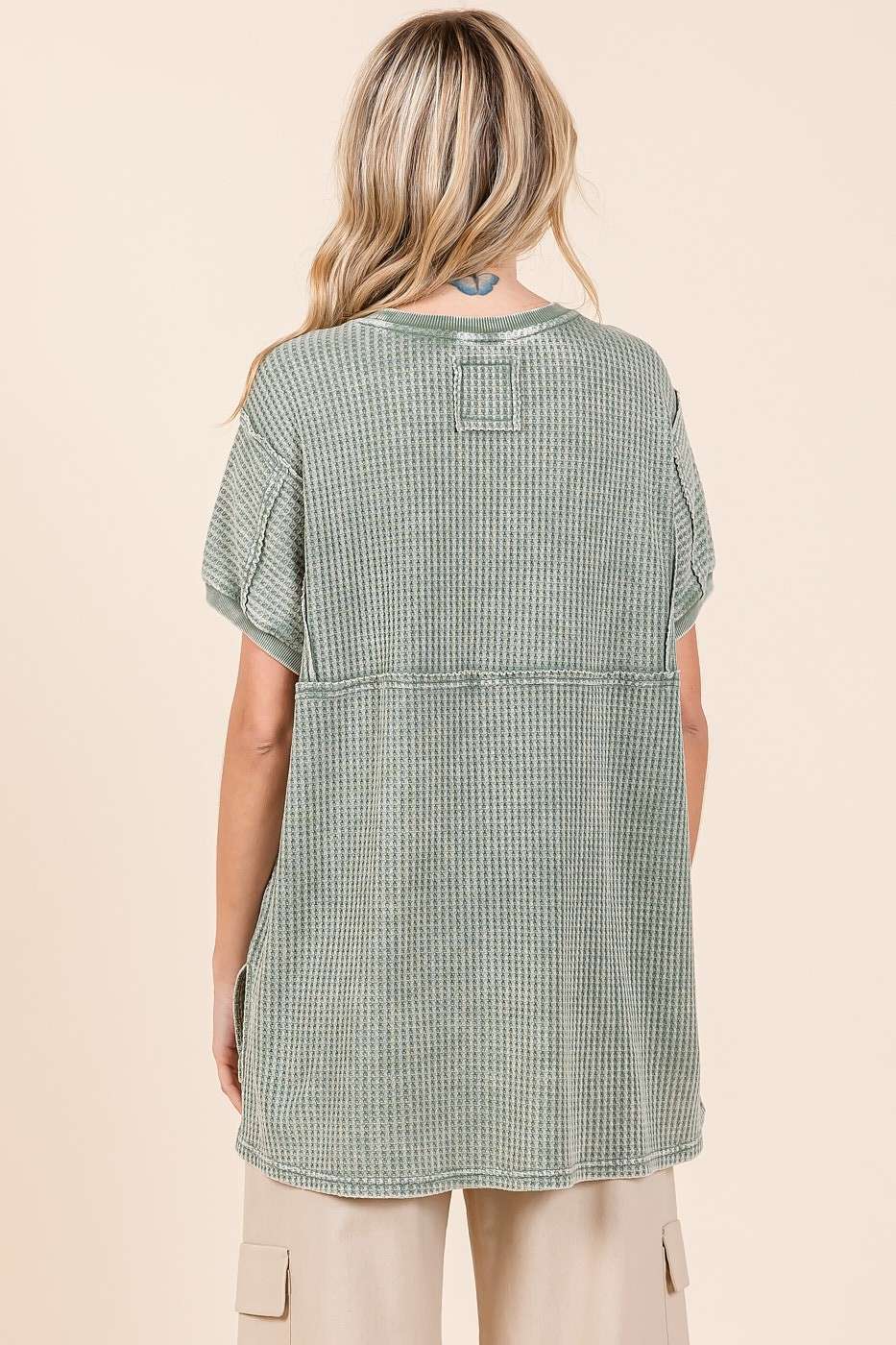 MINERAL WASH WAFFLE KNIT SEAM DETAIL TUNIC TOP