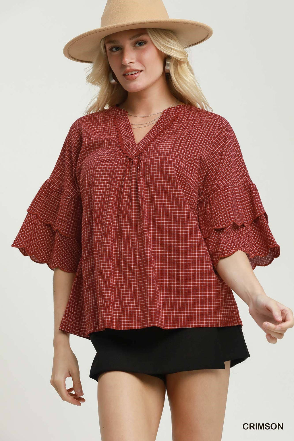 Checkered Tiered Ruffle Sleeve Blouse