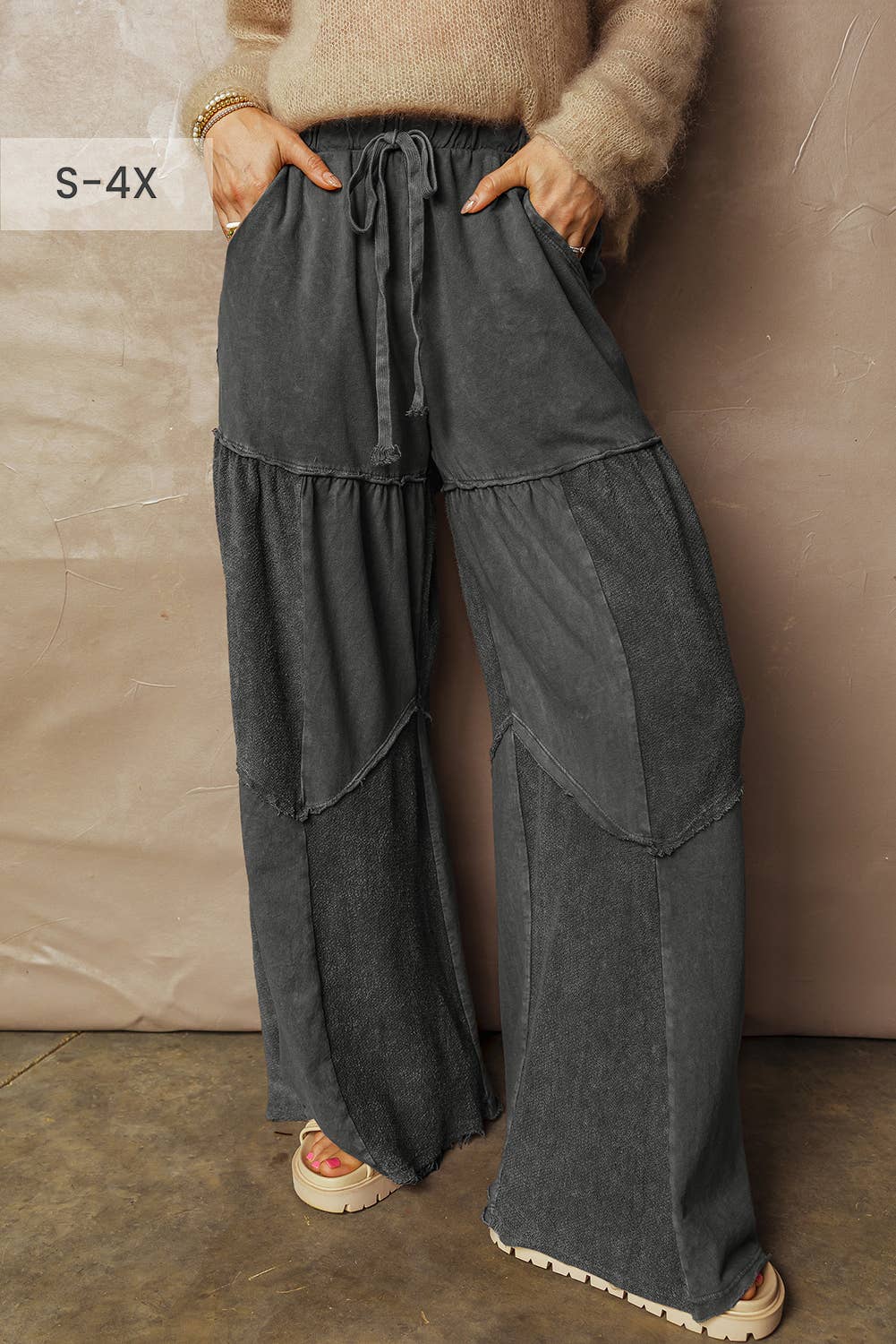 Mineral Wash Tiered Wide Leg Patchwork Drawstring Pants S-4X