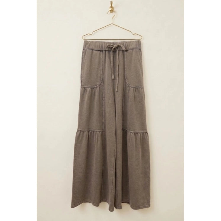 Washed Tiered Wide-Leg Drawstring Pants