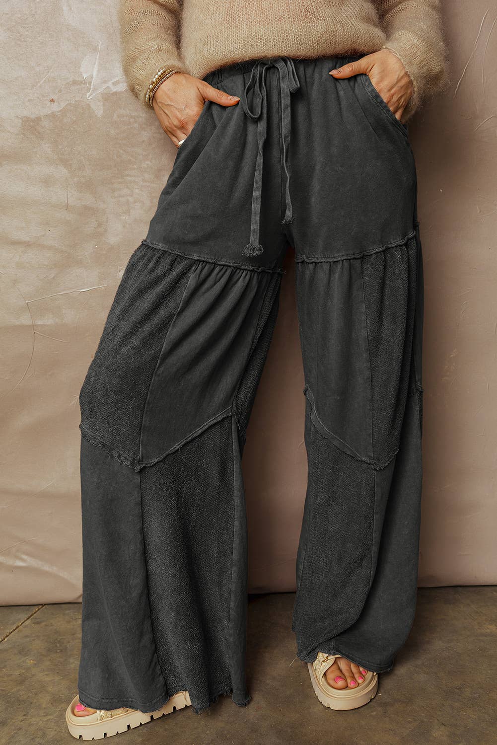Mineral Wash Tiered Wide Leg Patchwork Drawstring Pants S-4X