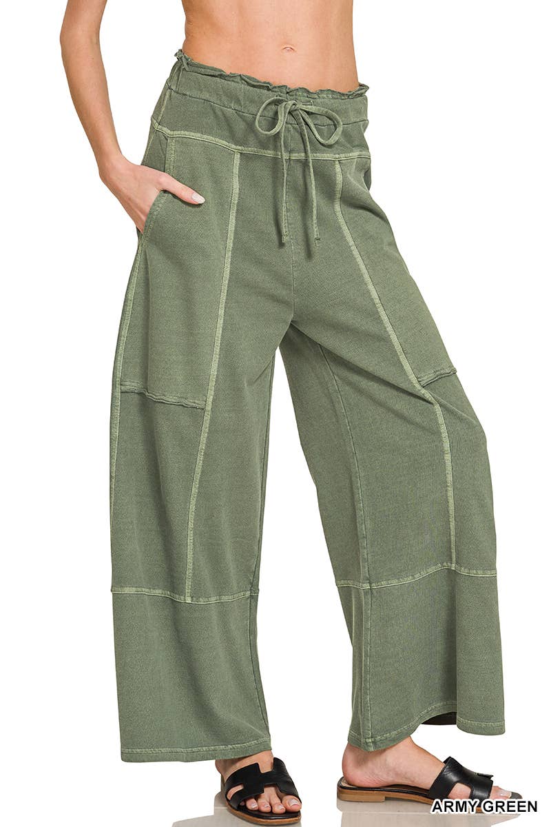 French Terry Washed Wide Leg Pants w/ Pockets - Zenana