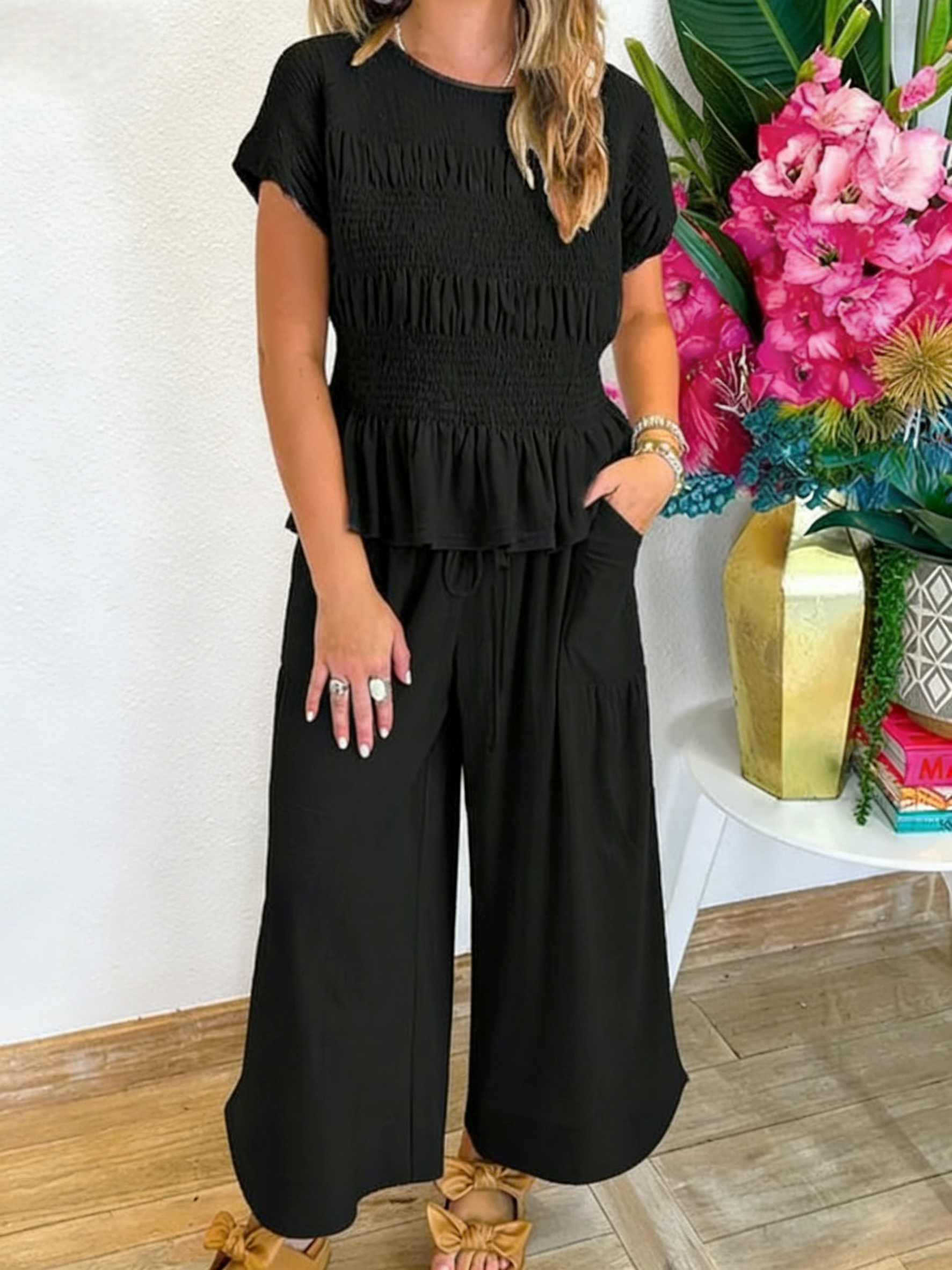 Ruffles Smocked Boho Top & Wide-Leg Pants Set