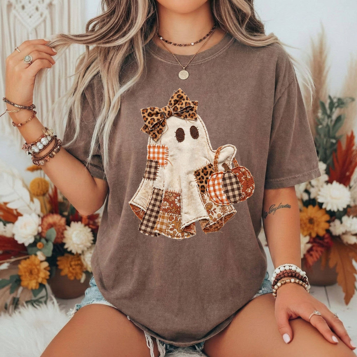 Patchwork Ghost Comfort Colors T-Shirt Halloween Fall Preppy