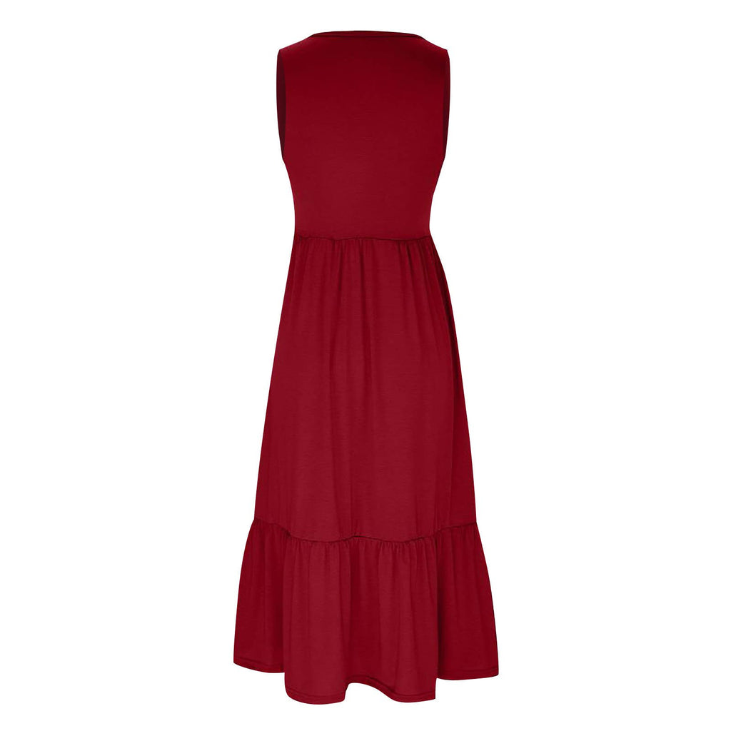 Ladies Sleeveles Pockets Simple Midi Dress 9123