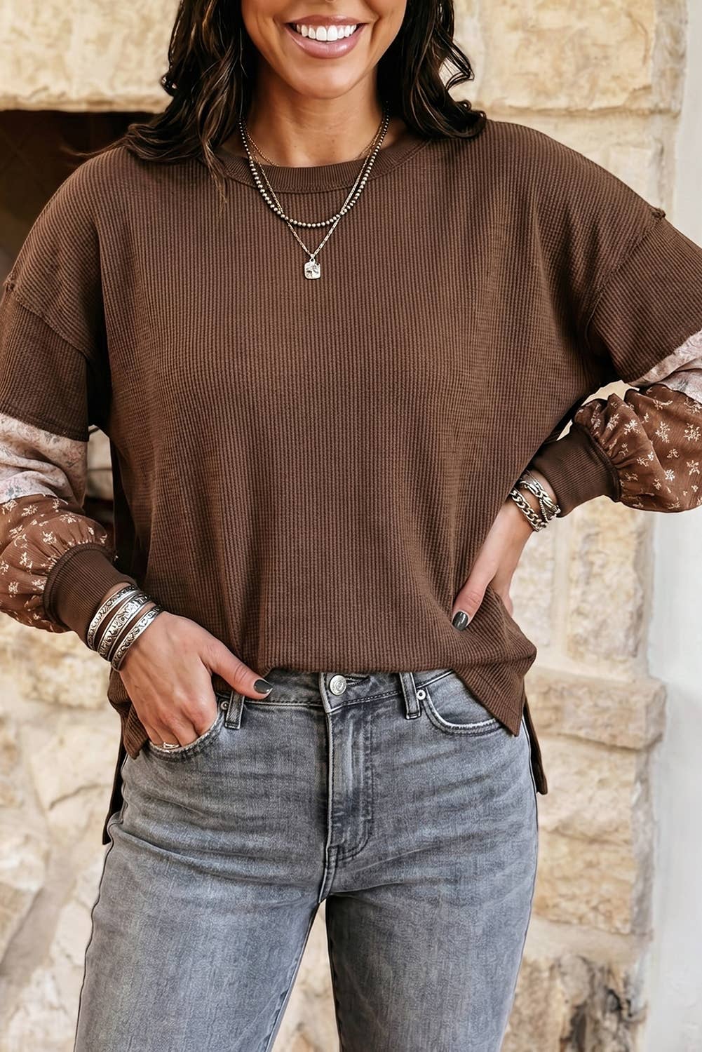 Floral Colorblock Long Sleeve Textured Pullover Tunic Top