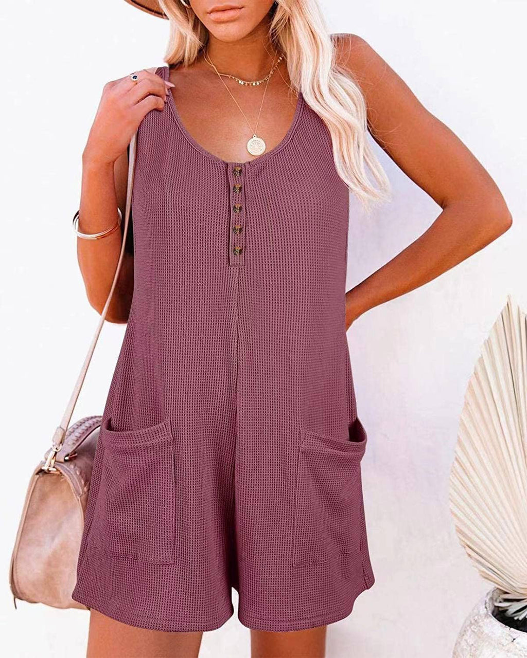 Henley waffle romper pocket short jumpsuit