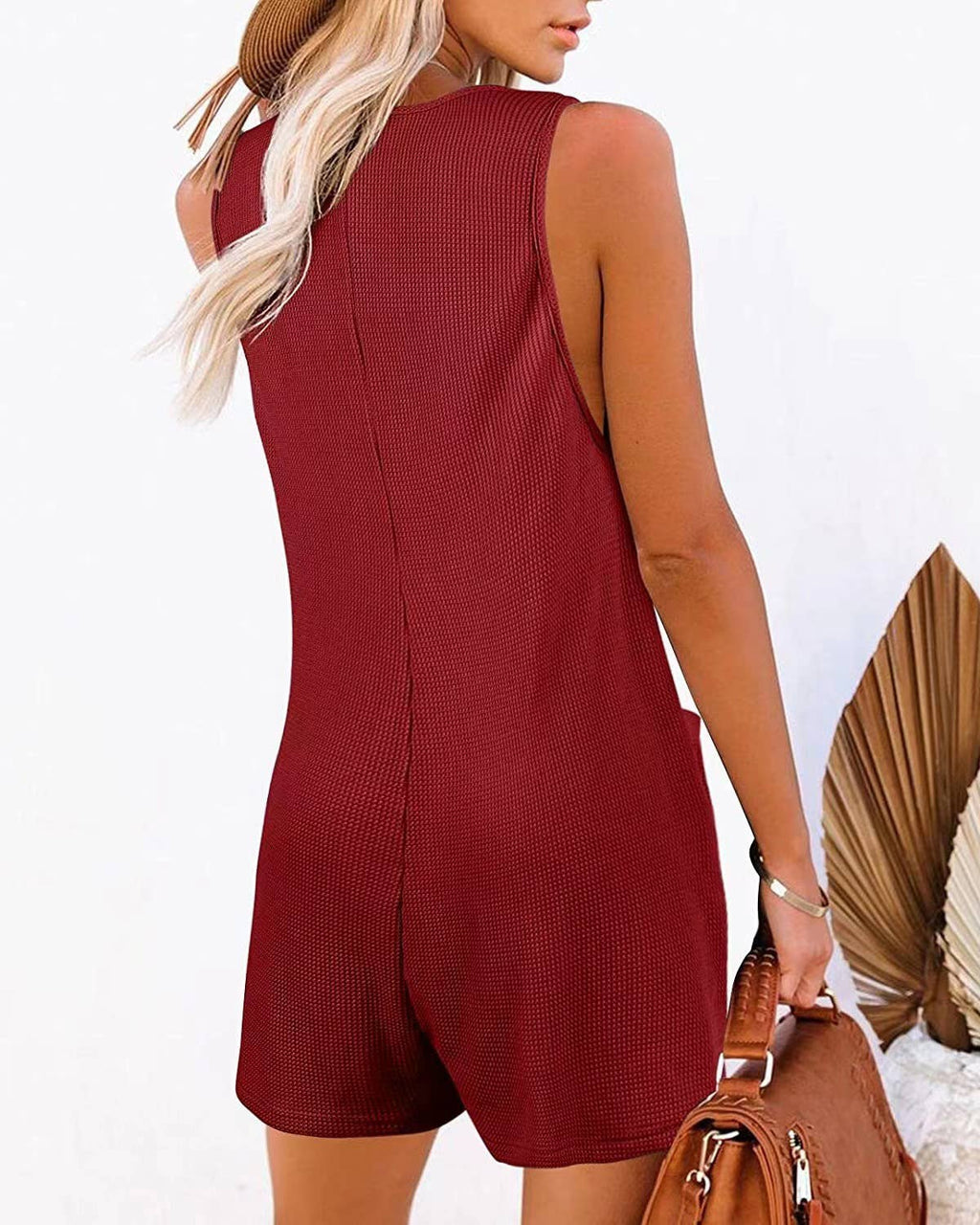 Henley waffle romper pocket short jumpsuit