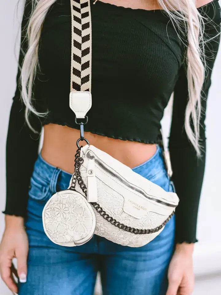 Boho Colorblock Strap Shoulder Bag with Chain & Coin Pouch