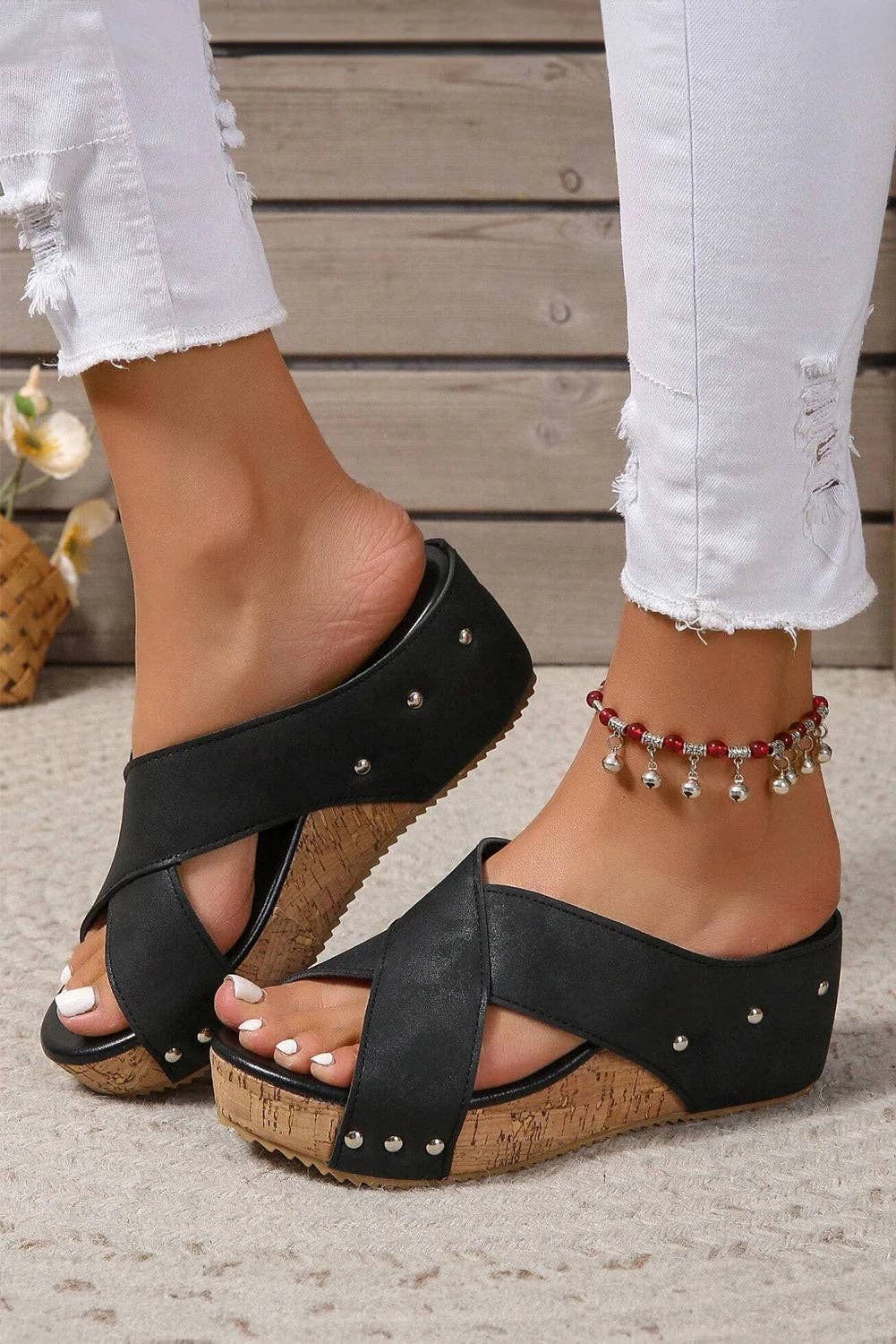 Criss Cross Cut Out PU Leather Wedge Slippers