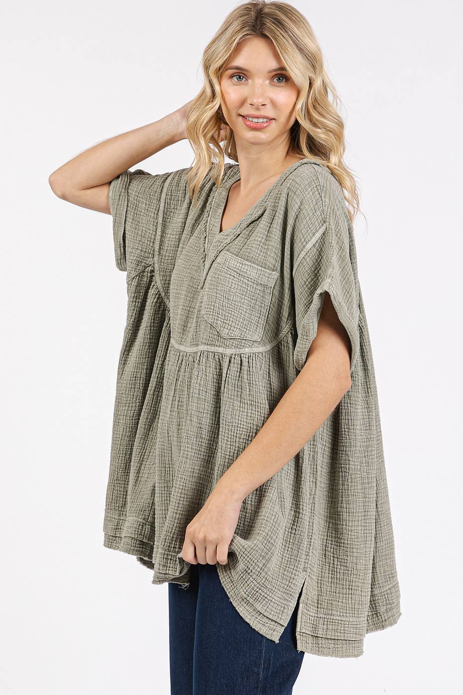 MINERAL WASH GAUZE BABYDOLL V-NECK OVERSIZED TOP