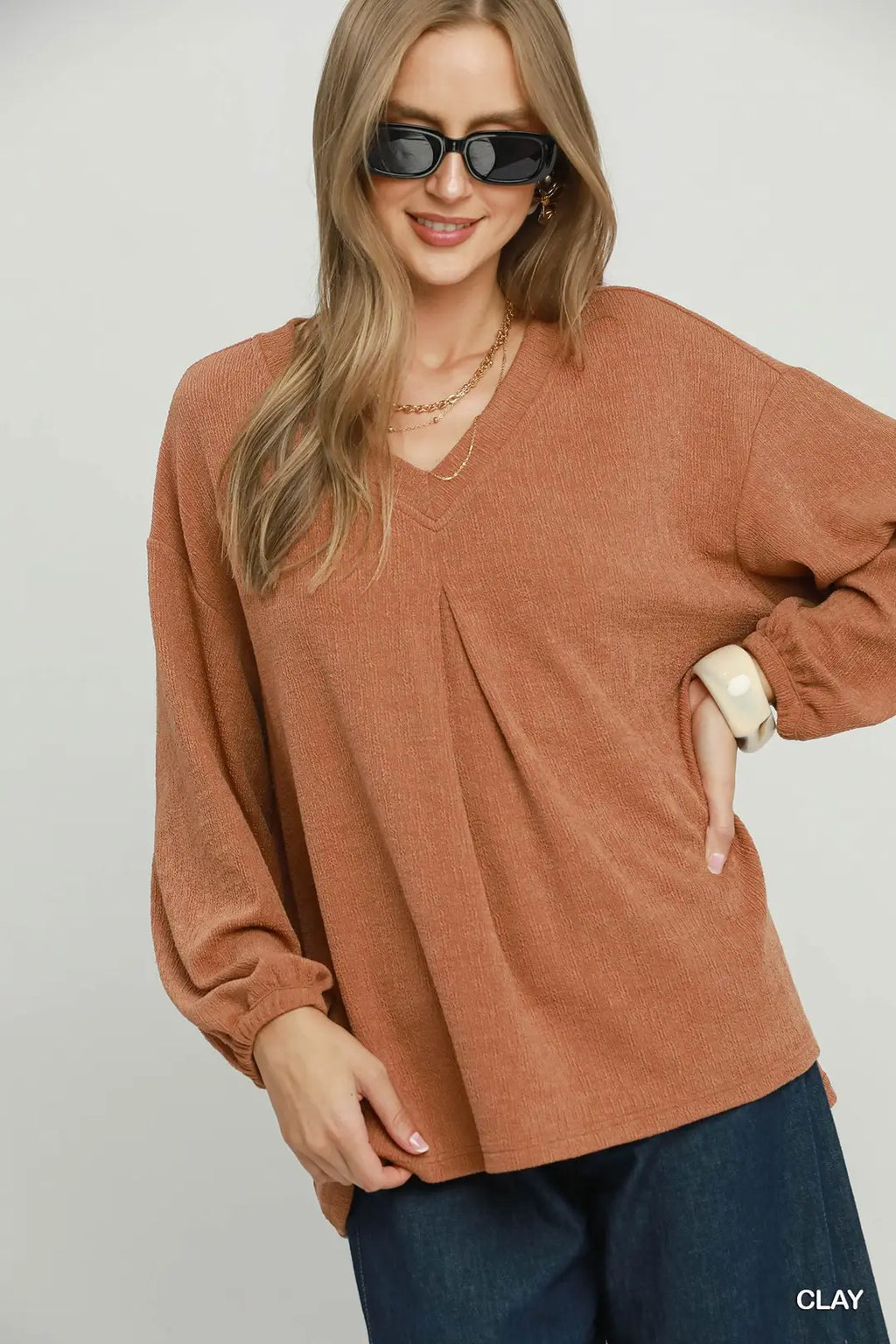 Umgee Pucker Cord Knit Blouse