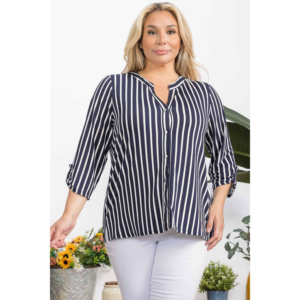 PLUS STRIPE MANDERINE SHIRT