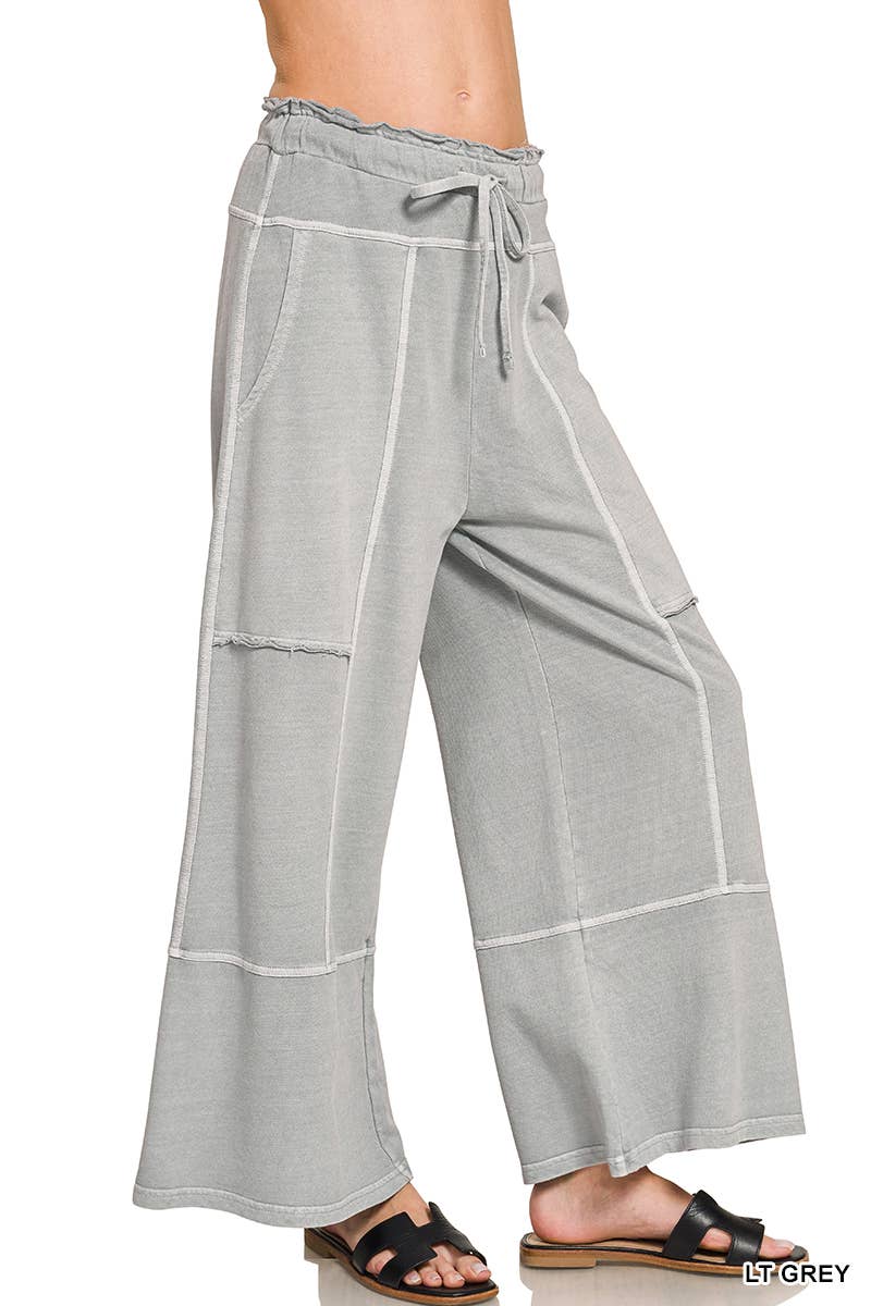 French Terry Washed Wide Leg Pants w/ Pockets - Zenana
