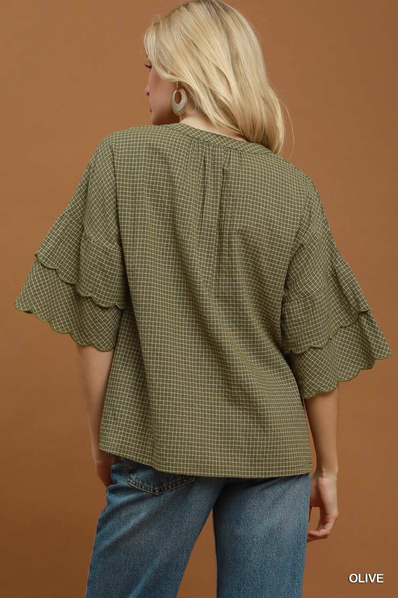 Checkered Tiered Ruffle Sleeve Blouse
