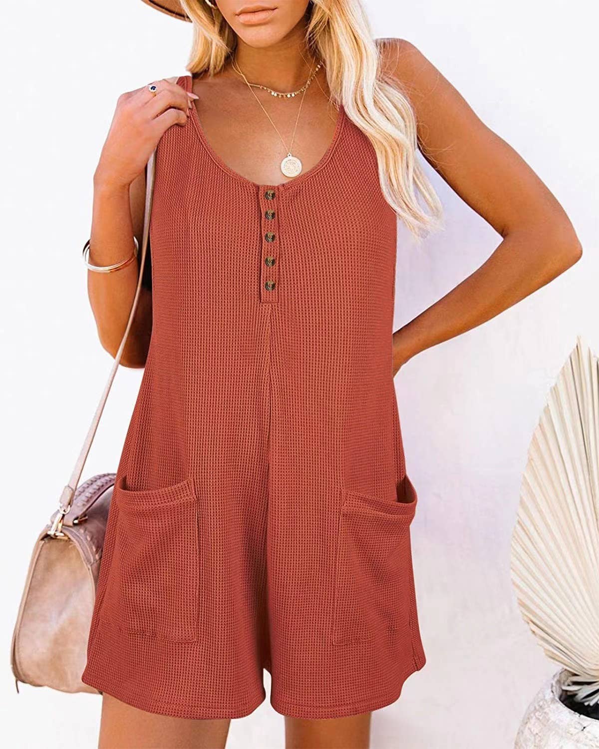 Henley waffle romper pocket short jumpsuit
