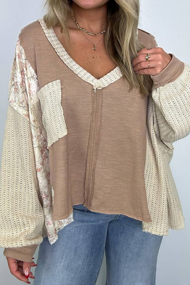 Floral Waffle Knit Color Block Pullover Top CY163