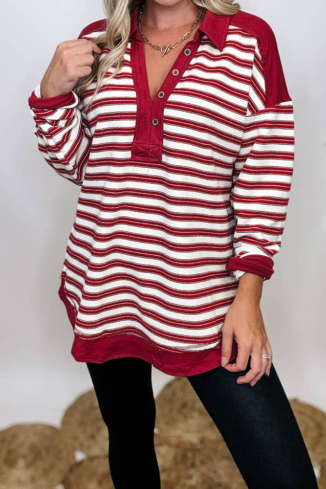 Oversized Striped Fleece Pullover Stand Collar Top CY167