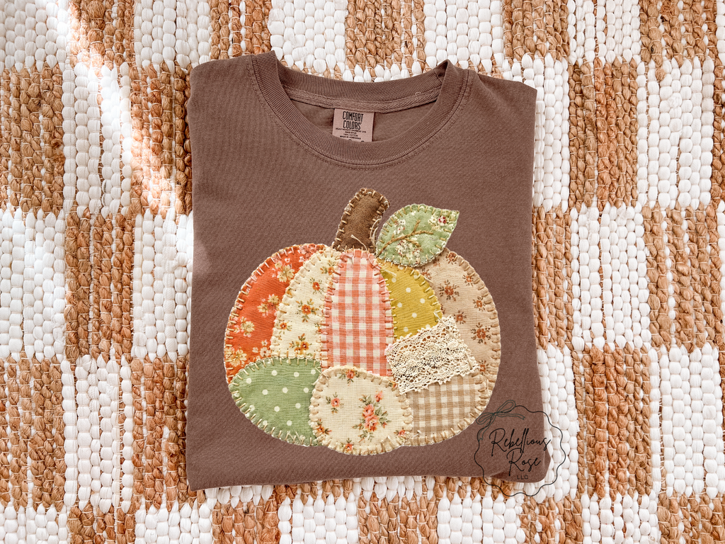 Espresso Faux Patchwork Pumpkin Fall Graphic T-shirt