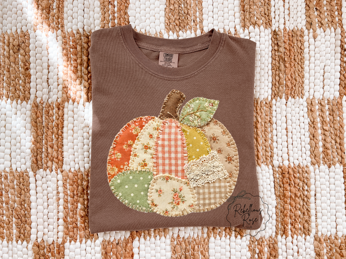 Espresso Faux Patchwork Pumpkin Fall Graphic T-shirt