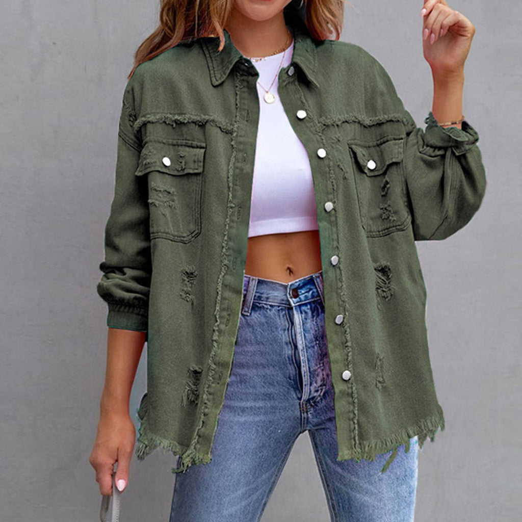 Old solid color denim coat with lapel and ripped raw edge