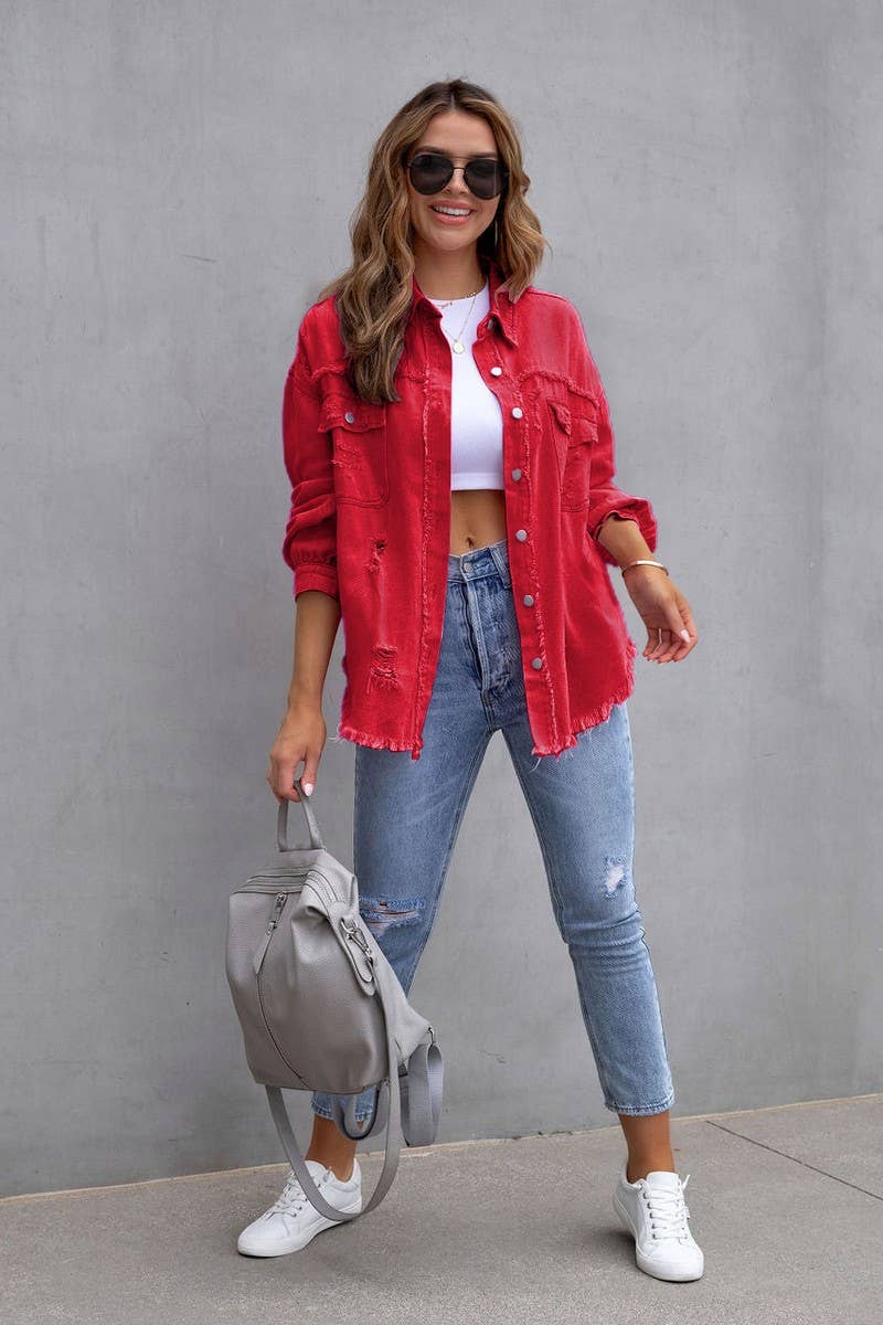 Old solid color denim coat with lapel and ripped raw edge