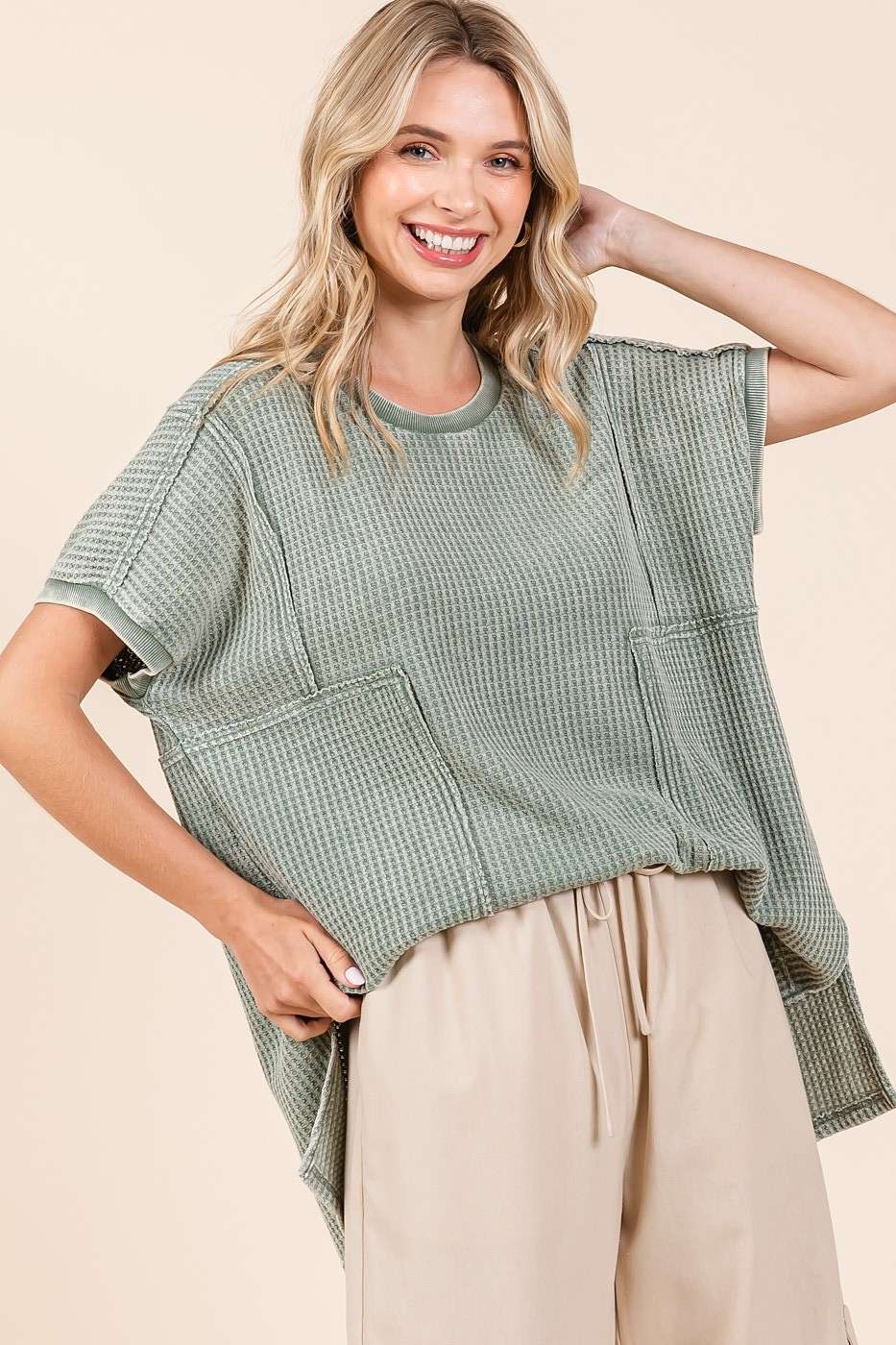 MINERAL WASH WAFFLE KNIT SEAM DETAIL TUNIC TOP