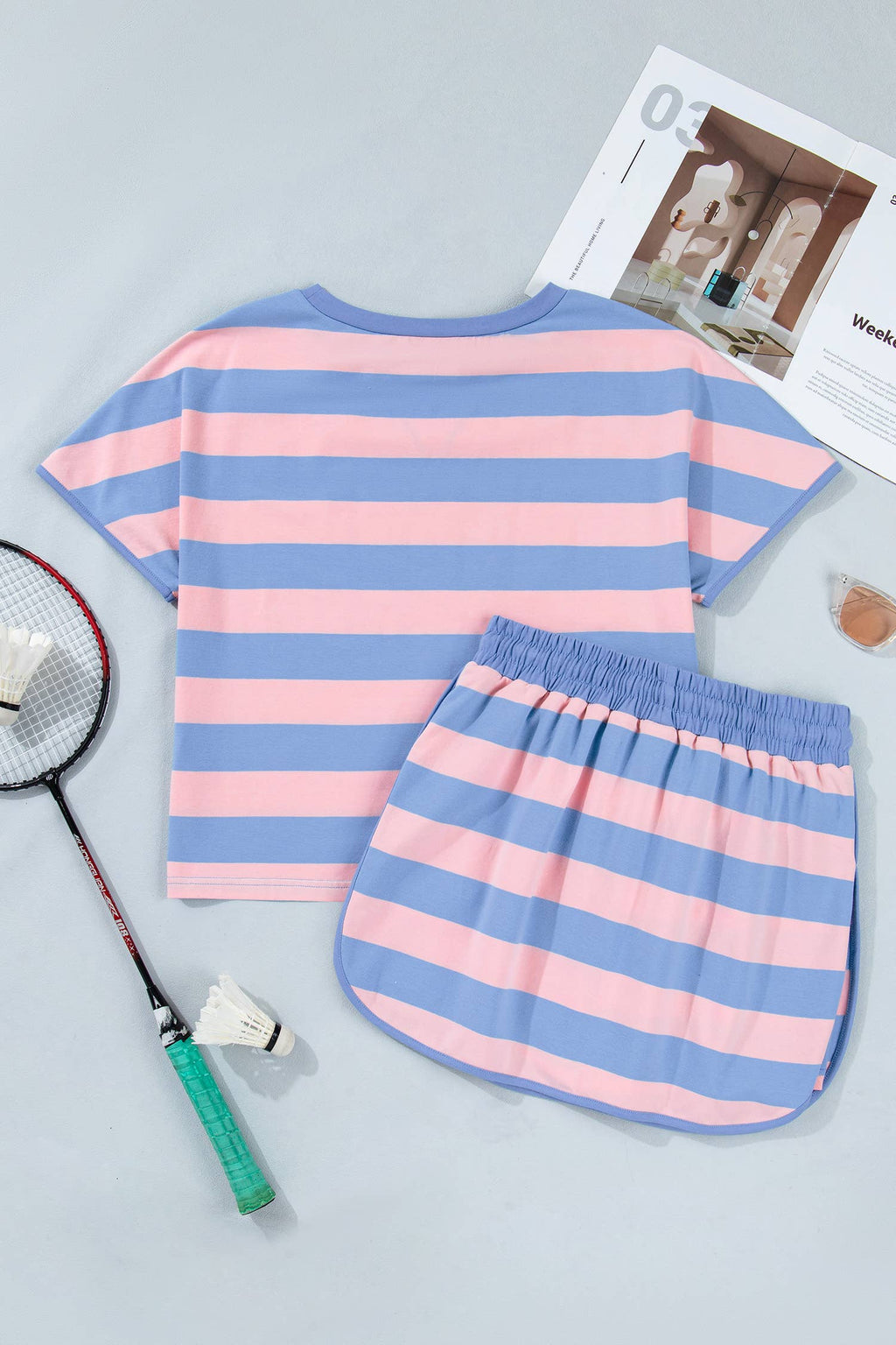 LAS Stripe Dolman Tee Drawstring Skort 2pcs Set (S-2XL)